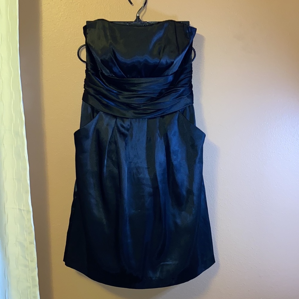 Black satin strapless dress with pockets, gathered waist